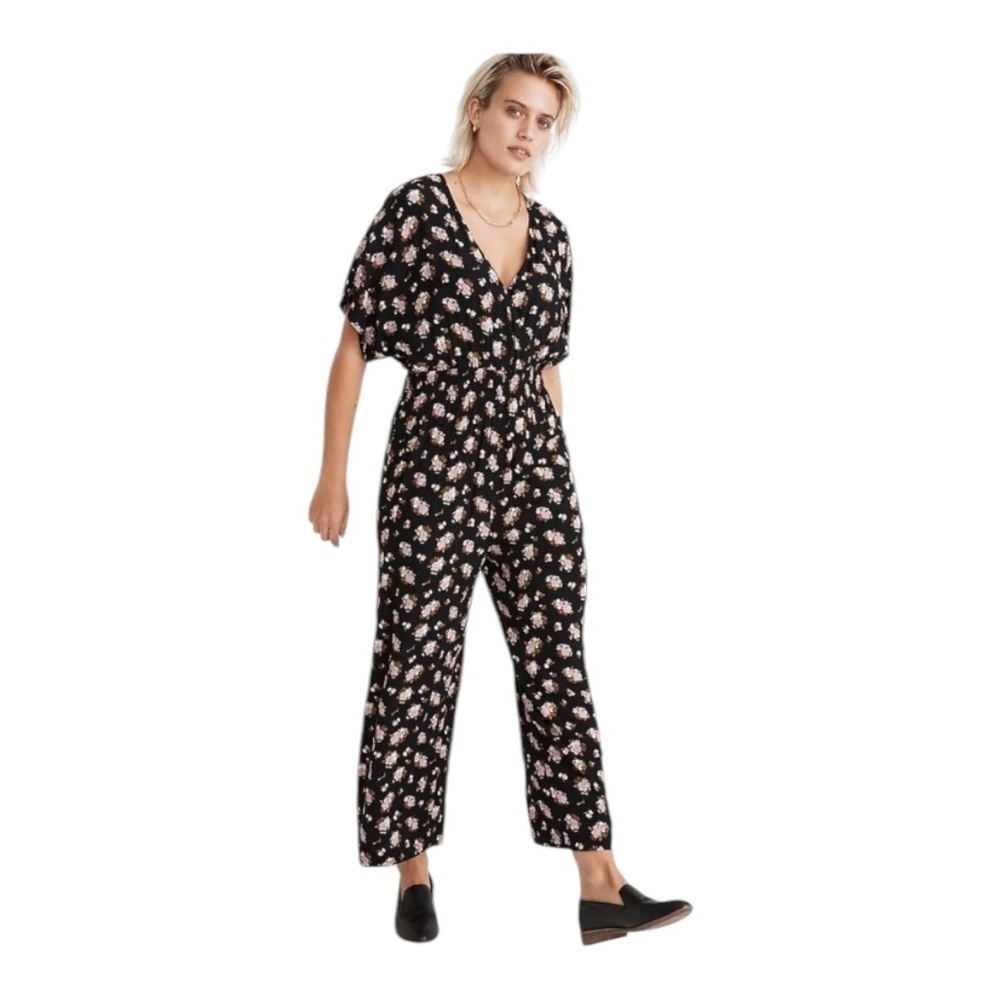 Madewell Floral Jumpsuit Smocked Waist Cropped in Black Crepe Size Small